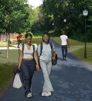 Rendering of women walking along planned Putnam Rail Trail, Yonkers, NY