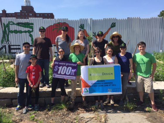 Volunteers at the South Street Farm celebrate “$100K for 100” from Cummings Foundation with Groundwork staff and youth in June. The Cleaning & Greening event was sponsored by aMortonDesign.