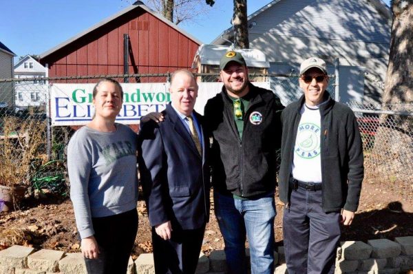 Groundwork Elizabeth Farm and Garden Director Jackie Park Albaum, Elizabeth Mayor Chris Bollwage, NJDEP Deputy Commissioner David Glass, Groundwork Elizabeth Executive Director Jonathan Phillips