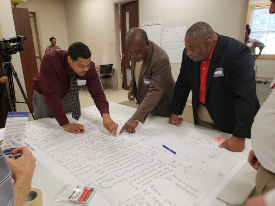 Local community stakeholders engage in a dot mapping exercise to prioritize development of sites in the Four Corners neighborhood.